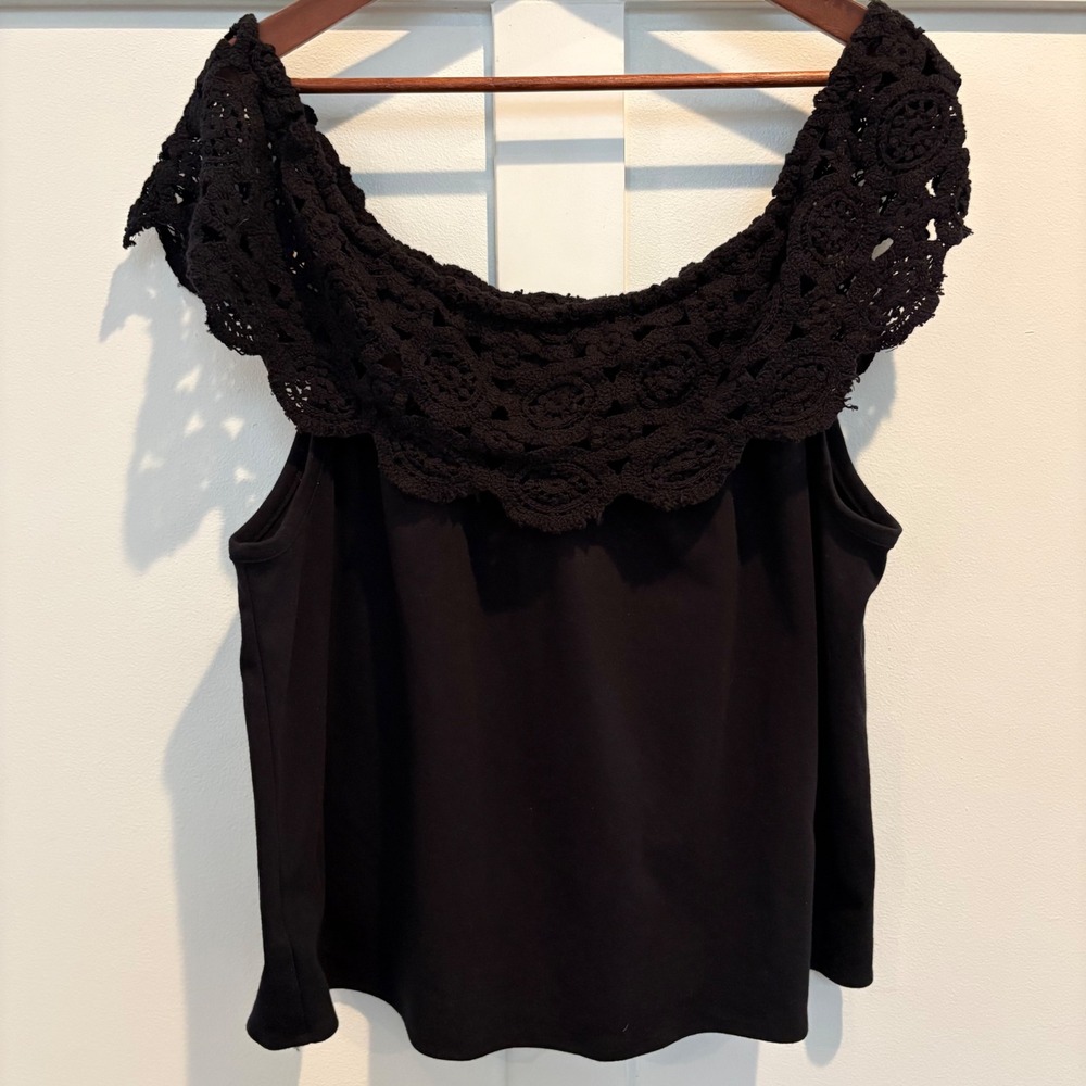 Anthropologie Calligraphie Crochet Top Women XL Black Boho Festival Shoulder